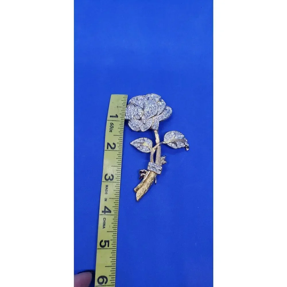 VINTAGE Nolan Miller Glamour Collection Roses Flower Brooch Rhinestone Pave Big